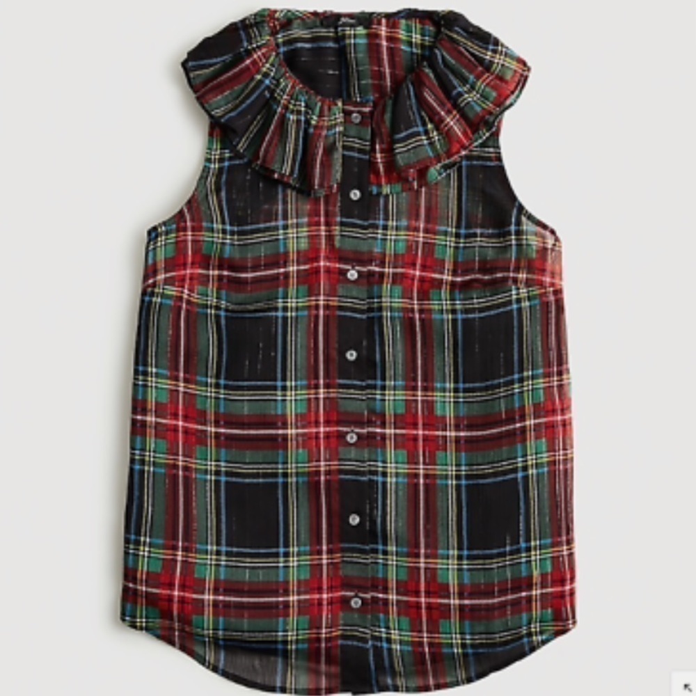 J. Crew Ruffle - collar top. Black Stewart Tartan blouse . Size Xs